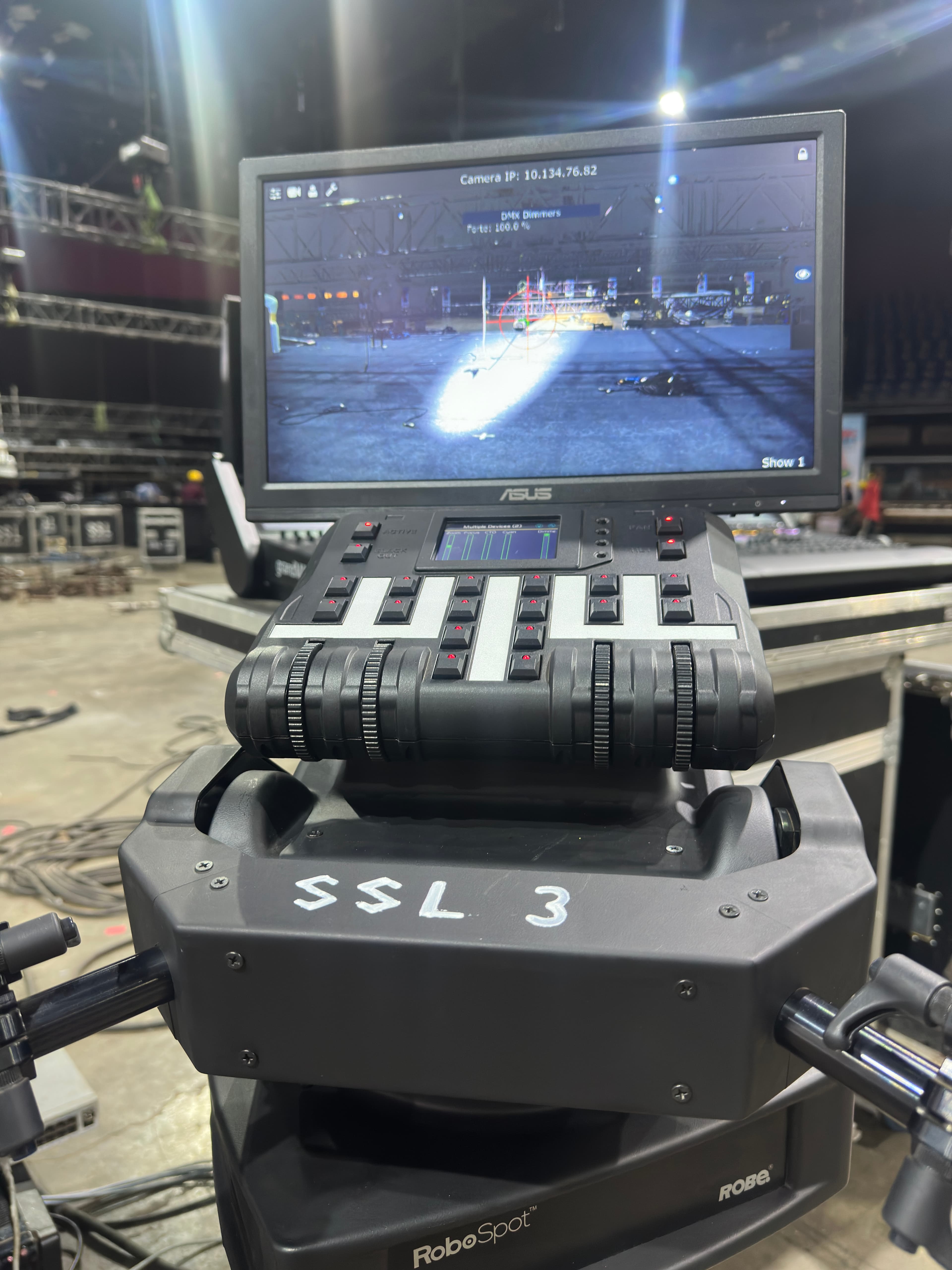 Lighting control monitor on a moving-head fixture.